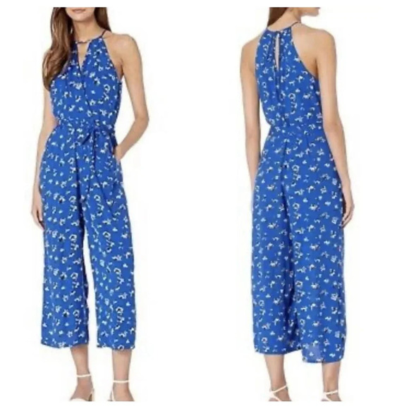 1. STATE Cabana Blue Floral Spaghetti Strap Keyhole Wide Leg Jumpsuit Size 4 - Picture 1 of 9